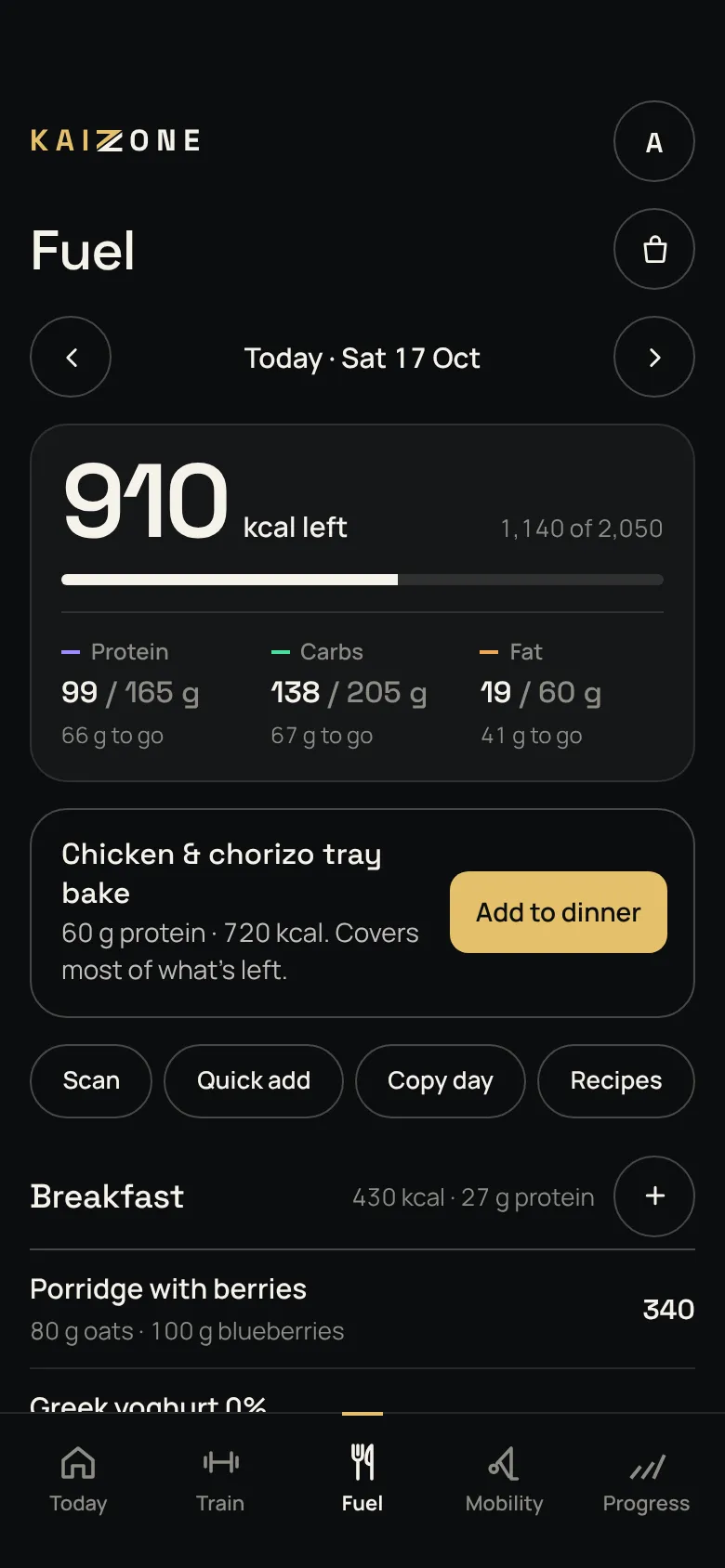 Fuel screen: 910 kcal left, protein, carbs and fat against target, and a tray bake suggested for dinner (sample data)