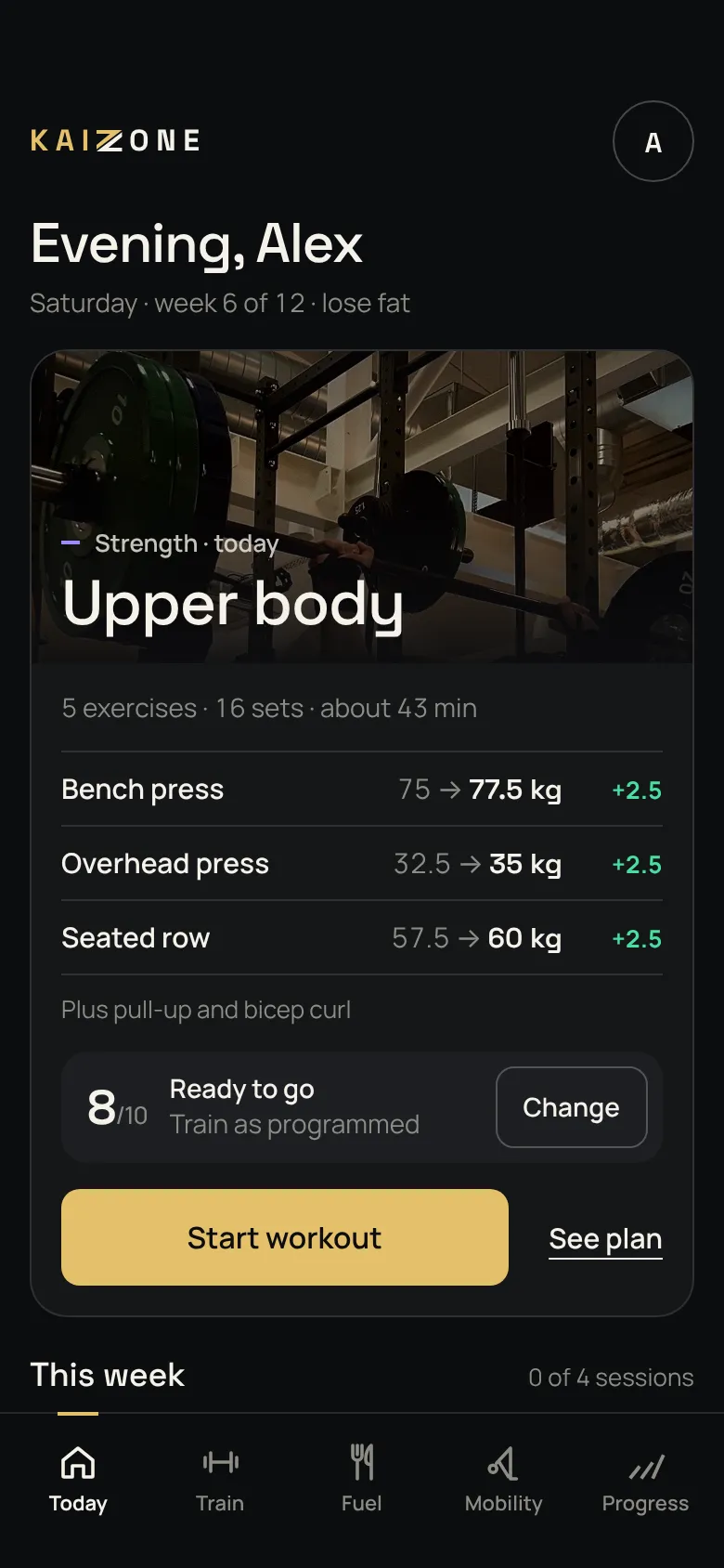Today screen: an upper body session with each lift up 2.5 kg, a readiness score of 8 out of 10, and the week ahead (sample data)