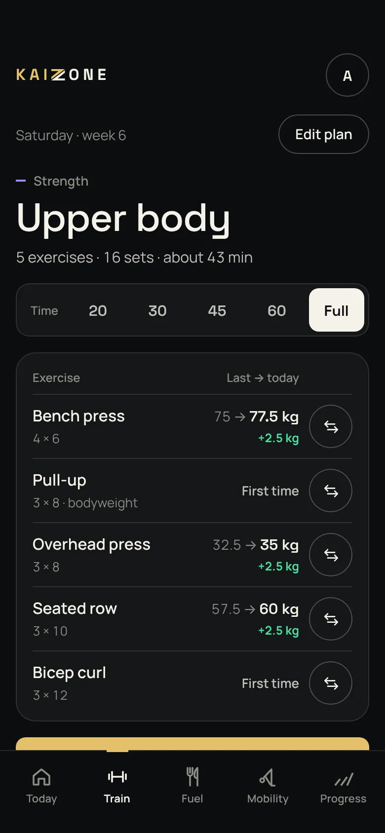 Train screen: time options from 20 minutes to full, and five exercises listed with last time and today (sample data)