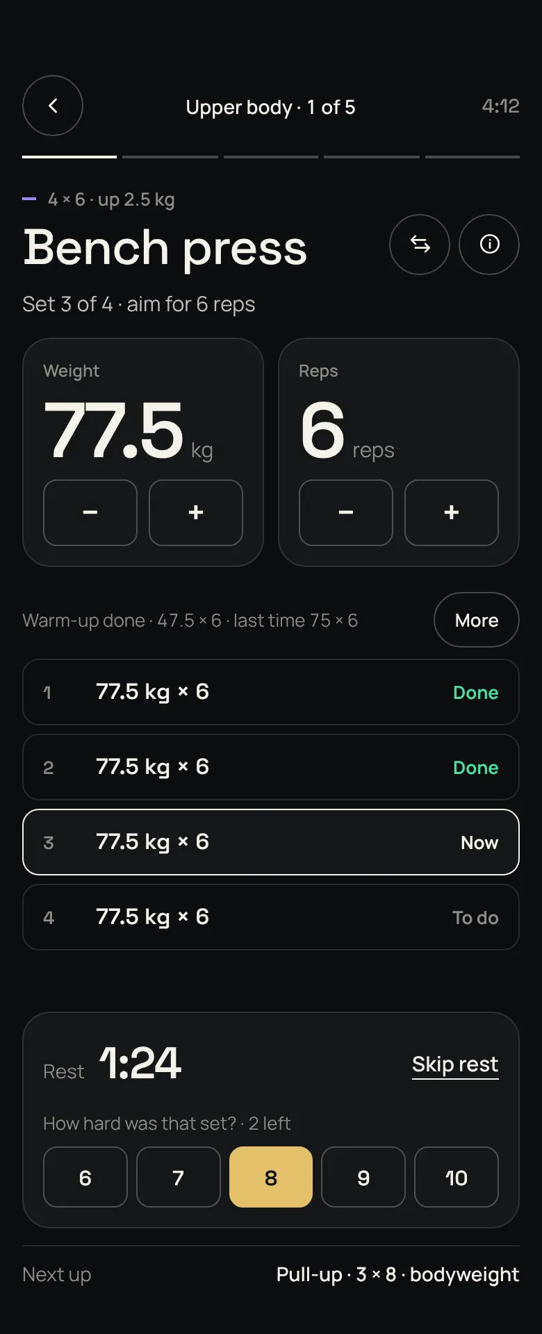 Workout screen: bench press on set 3 of 4 at 77.5 kg for 6 reps, a 1:24 rest timer and an effort rating of 8 (sample data)